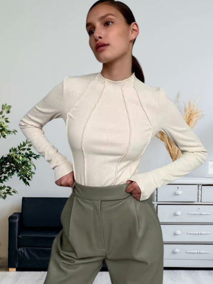 Hanna | Figurbetontes Langarmshirt Damen aus elastischem Rippstoff mit langen Ärmeln | Aprikose