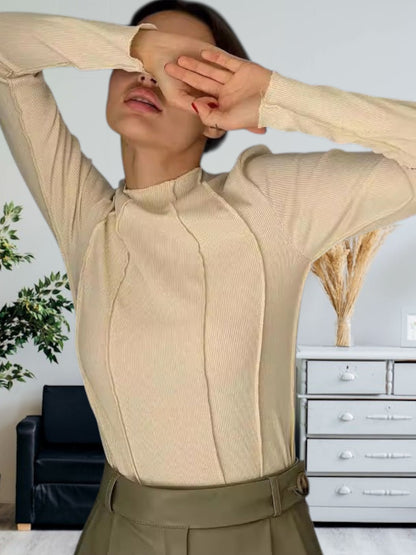 Hanna | Figurbetontes Langarmshirt Damen aus elastischem Rippstoff mit langen Ärmeln | Aprikose 2