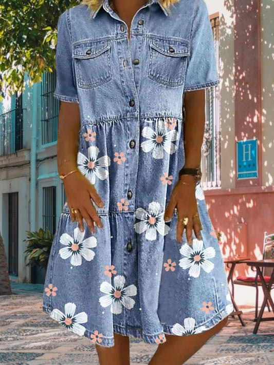 Helle | Boho Jeanskleid mit Blumenmuster, Knopfleiste und Taschen für Damen | Blau