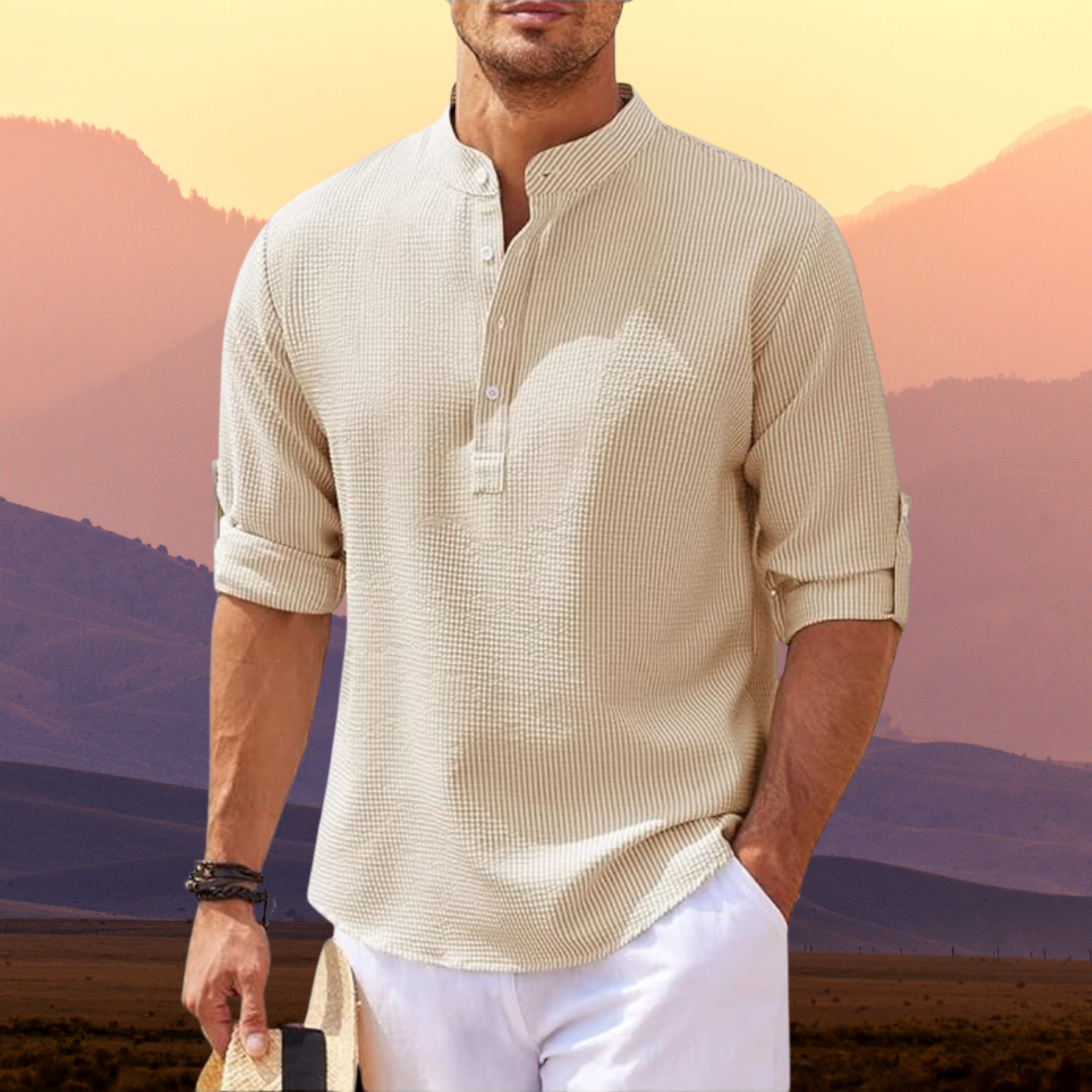 Herren Sommerhemd – Baumwolle mit Stehkragen und Kurzarm | Beige