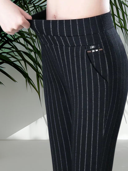 Hochtaillierte Sport Leggings Damen mit Stretch und Faux-Taschen | Schwarz gestreift