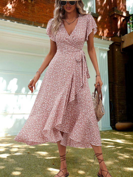 Indie | Charmantes Blumenschnürkleid für Damen aus leichtem Polyester in A-Line-Silhouette | Rosa