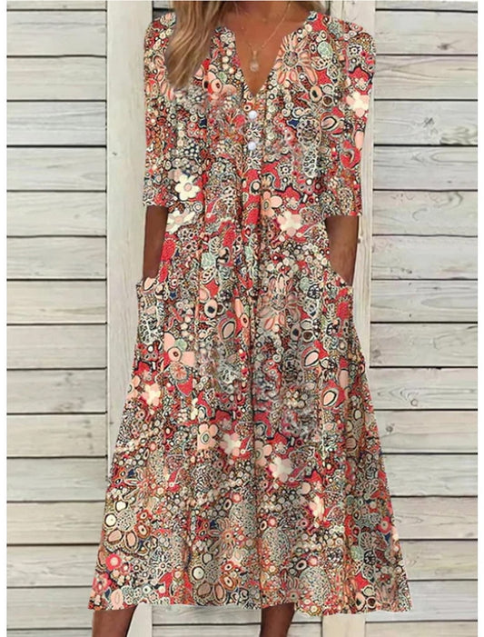 Sommer Midi Kleid Damen | Floraler Print & Knopfleiste