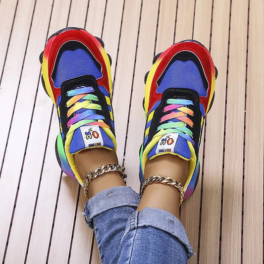Damen Chunky Sneaker | Regenbogen-Colorblock & Plateausohle