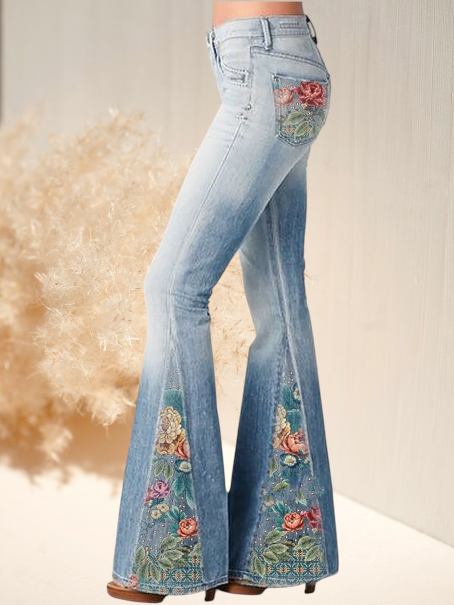 Ivy | Trendige ausgestellte Hose mit Ombre-Blumendruck aus Baumwolle für jeden Anlass | Blau