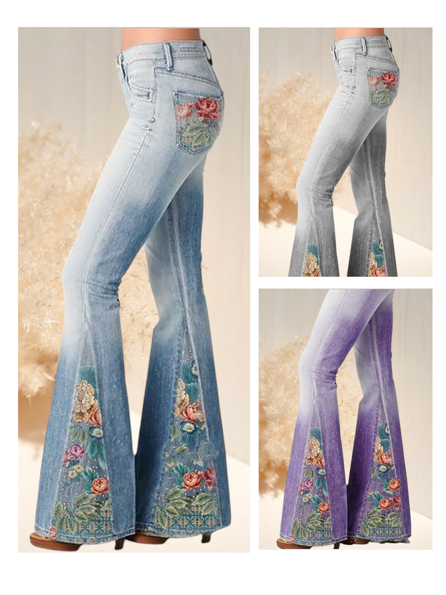 Ivy | Trendige ausgestellte Hose mit Ombre-Blumendruck aus Baumwolle für jeden Anlass | Blau,Grau,Lila
