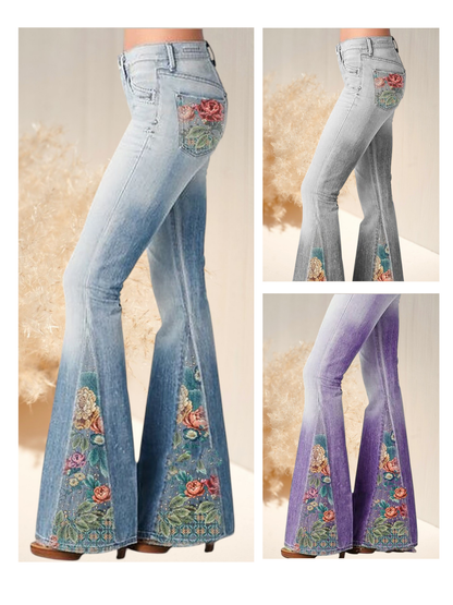 Ivy | Trendige ausgestellte Hose mit Ombre-Blumendruck aus Baumwolle für jeden Anlass | Blau,Grau,Lila