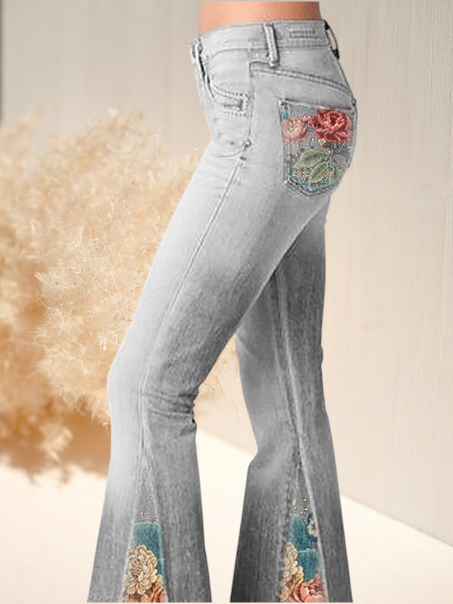 Ivy | Trendige ausgestellte Hose mit Ombre-Blumendruck aus Baumwolle für jeden Anlass | Grau