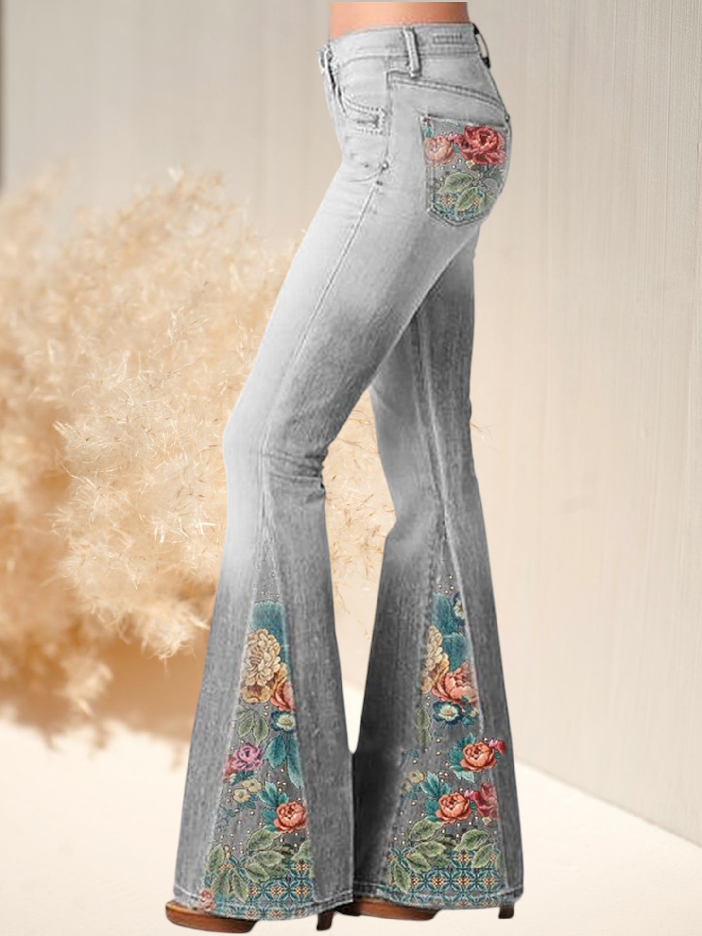 Ivy | Trendige ausgestellte Hose mit Ombre-Blumendruck aus Baumwolle für jeden Anlass | Grau 2