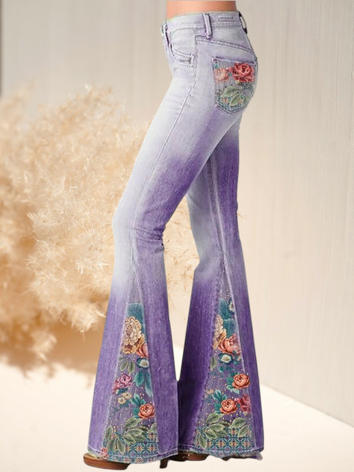 Ivy | Trendige ausgestellte Hose mit Ombre-Blumendruck aus Baumwolle für jeden Anlass | Lila 2