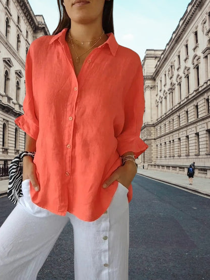 Jeanne | Elegante Damenbluse aus Baumwoll-Leinen mit V-Ausschnitt und kurzen Ärmeln für festliche Anlässe | Orange
