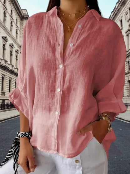 Jeanne | Elegante Damenbluse aus Baumwoll-Leinen mit V-Ausschnitt und kurzen Ärmeln für festliche Anlässe | Rosa
