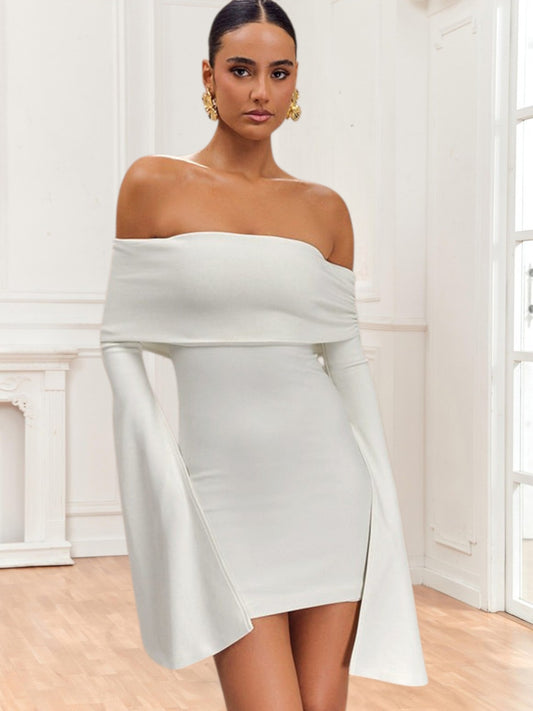 Jenny | Elegantes schulterfreies Minikleid mit Volantärmeln für Damen - Festliches Kleid für Hochzeitsgäste | WeiB