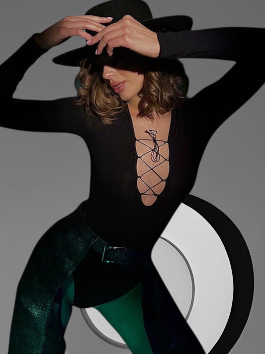 Jessa | Eleganter Damen Bodysuit mit Tiefem V-Ausschnitt und Schnürdesign in Schwarz | Schwarz 