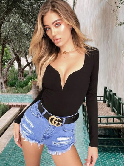Juvira | Eleganter Damen Bodysuit mit tiefem V-Ausschnitt und langen Ärmeln aus atmungsaktivem Material |  Schwarz 3