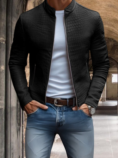 Kairos | Herren Lederjacke aus Premium-Leder mit Steinmuster und Stehkragen, Slim Fit, Reißverschluss | Schwarz