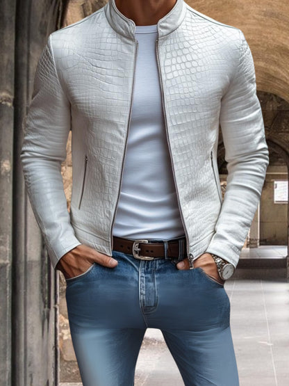 Kairos | Herren Lederjacke aus Premium-Leder mit Steinmuster und Stehkragen, Slim Fit, Reißverschluss | Weiß