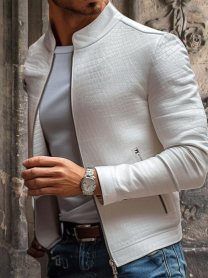 Kairos | Herren Lederjacke aus Premium-Leder mit Steinmuster und Stehkragen, Slim Fit, Reißverschluss | Weiß 3