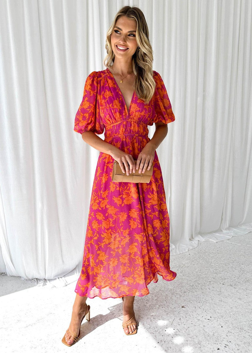 Midikleid Damen | Floraler Print & Taillierter Puffärmel-Look