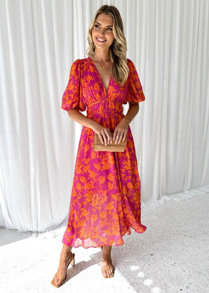 Midikleid Damen | Floraler Print & Taillierter Puffärmel-Look