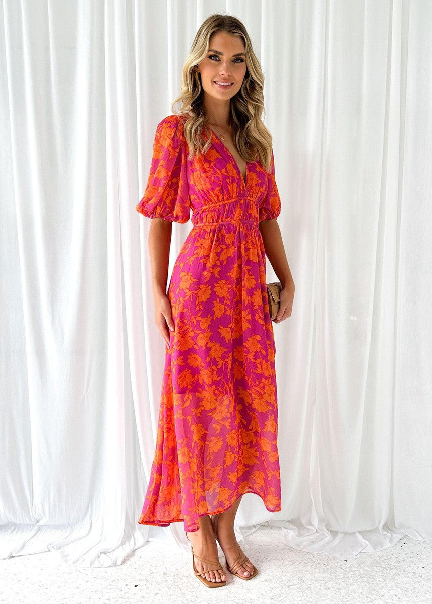 Midikleid Damen | Floraler Print & Taillierter Puffärmel-Look