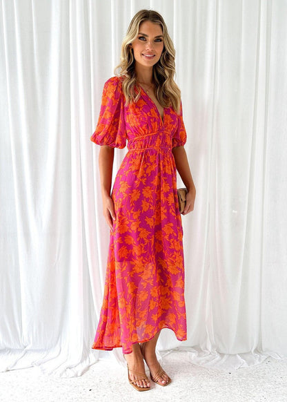 Midikleid Damen | Floraler Print & Taillierter Puffärmel-Look