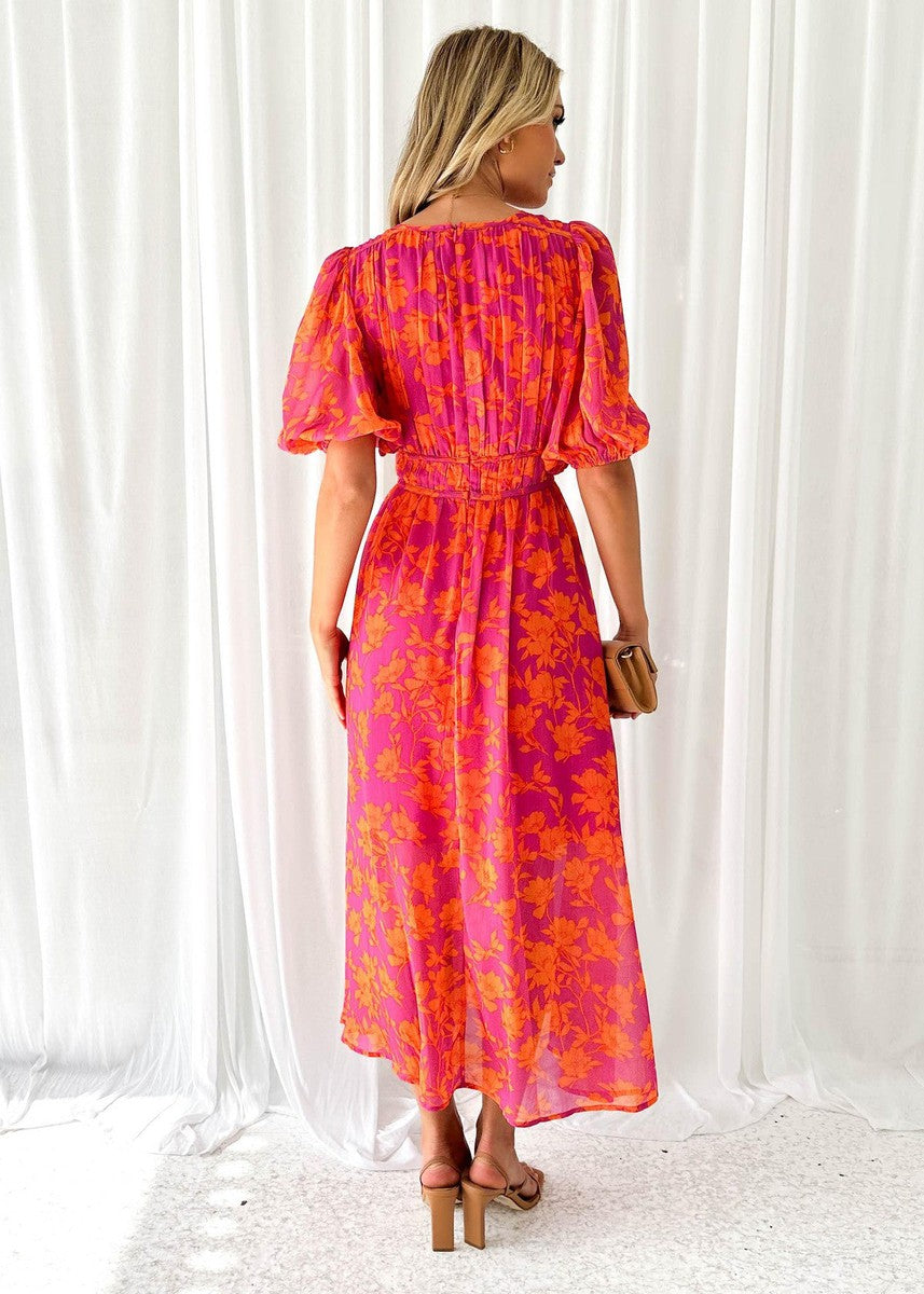 Midikleid Damen | Floraler Print & Taillierter Puffärmel-Look