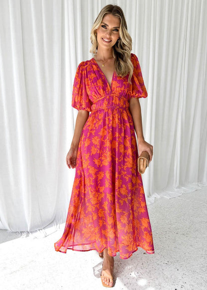 Midikleid Damen | Floraler Print & Taillierter Puffärmel-Look
