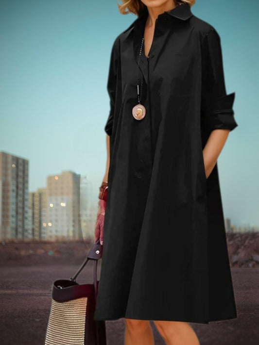 Klassisches Damen-Midi-Hemdkleid mit Taschen aus weichem Stoff 0