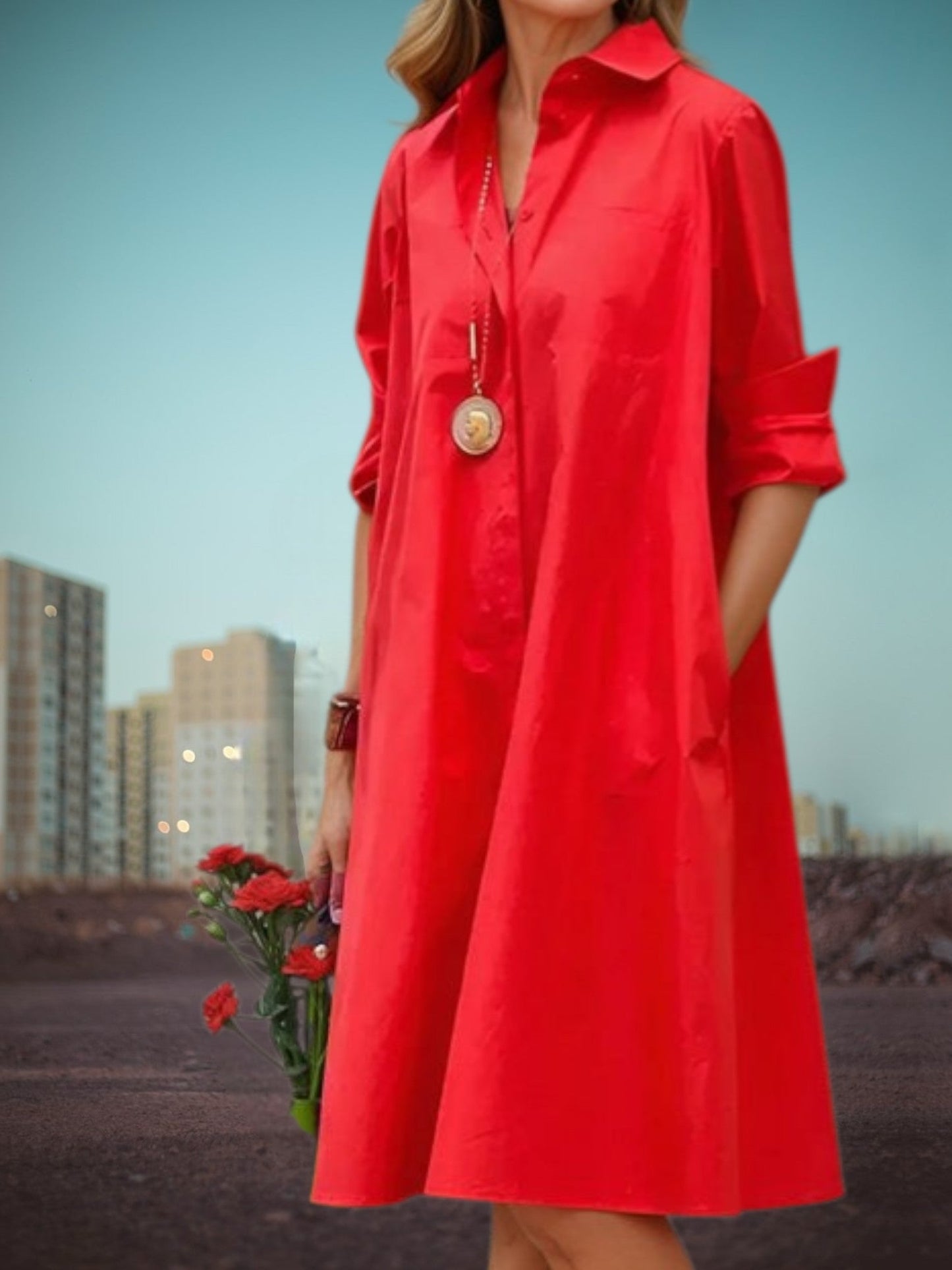 Klassisches Damen-Midi-Hemdkleid mit Taschen aus weichem Stoff 1