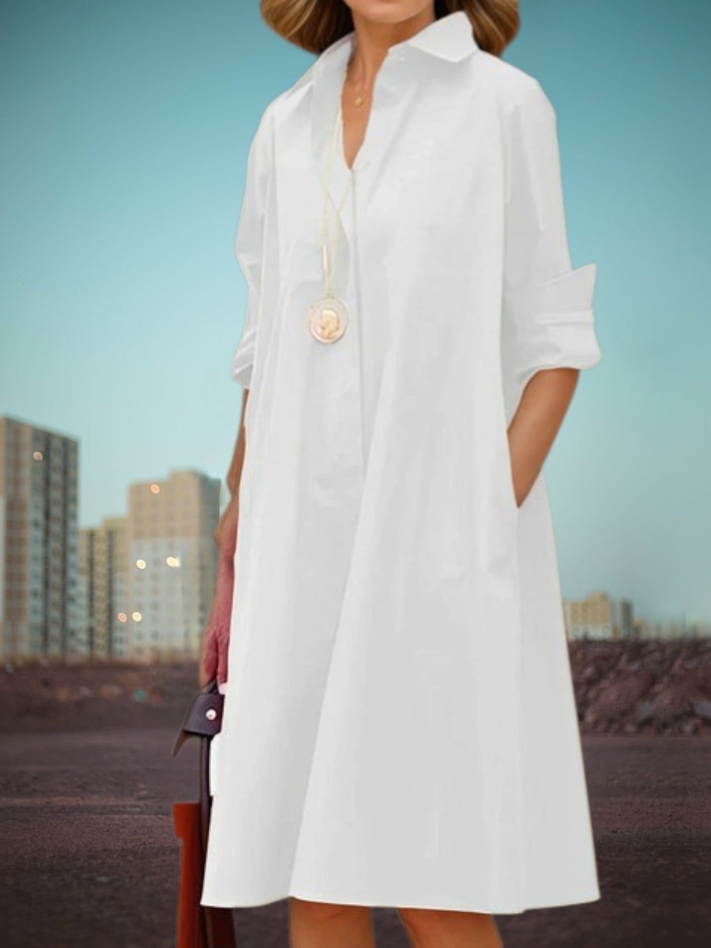 Klassisches Damen-Midi-Hemdkleid mit Taschen aus weichem Stoff 2