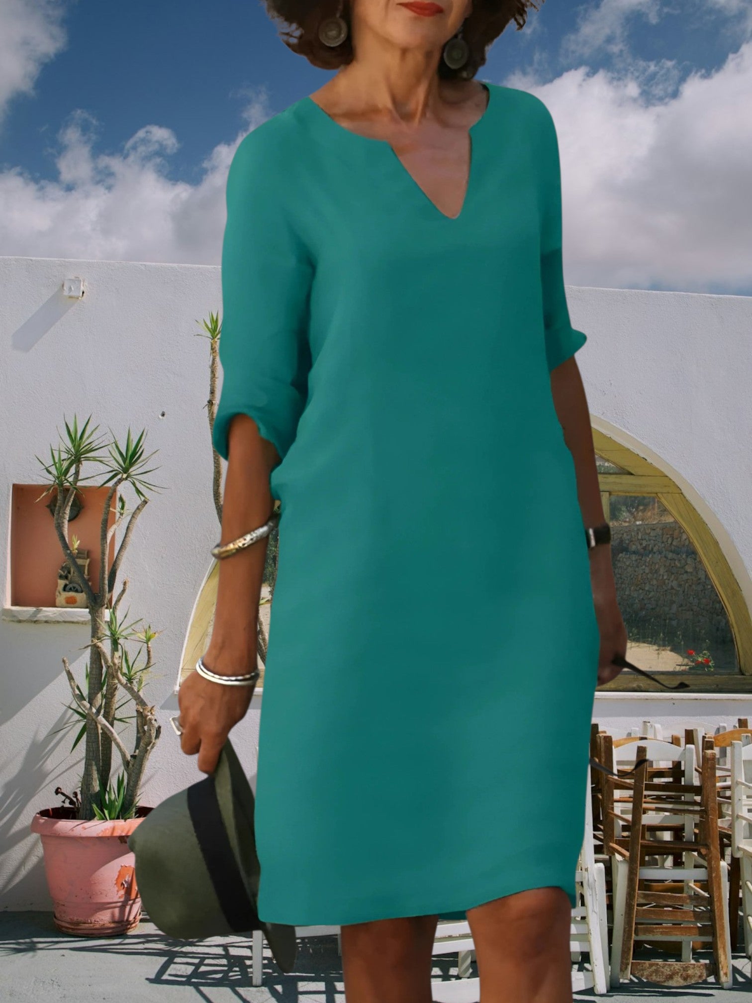 Knie-langen Mini-Kleid von Frauen mit V-Ausschnitt und 3/4-Ärmeln 0