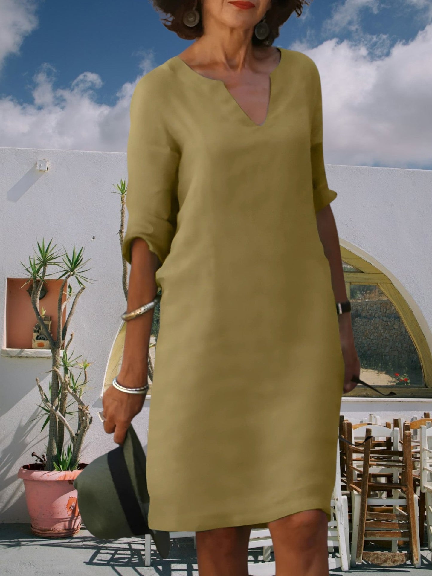 Knie-langen Mini-Kleid von Frauen mit V-Ausschnitt und 3/4-Ärmeln 3