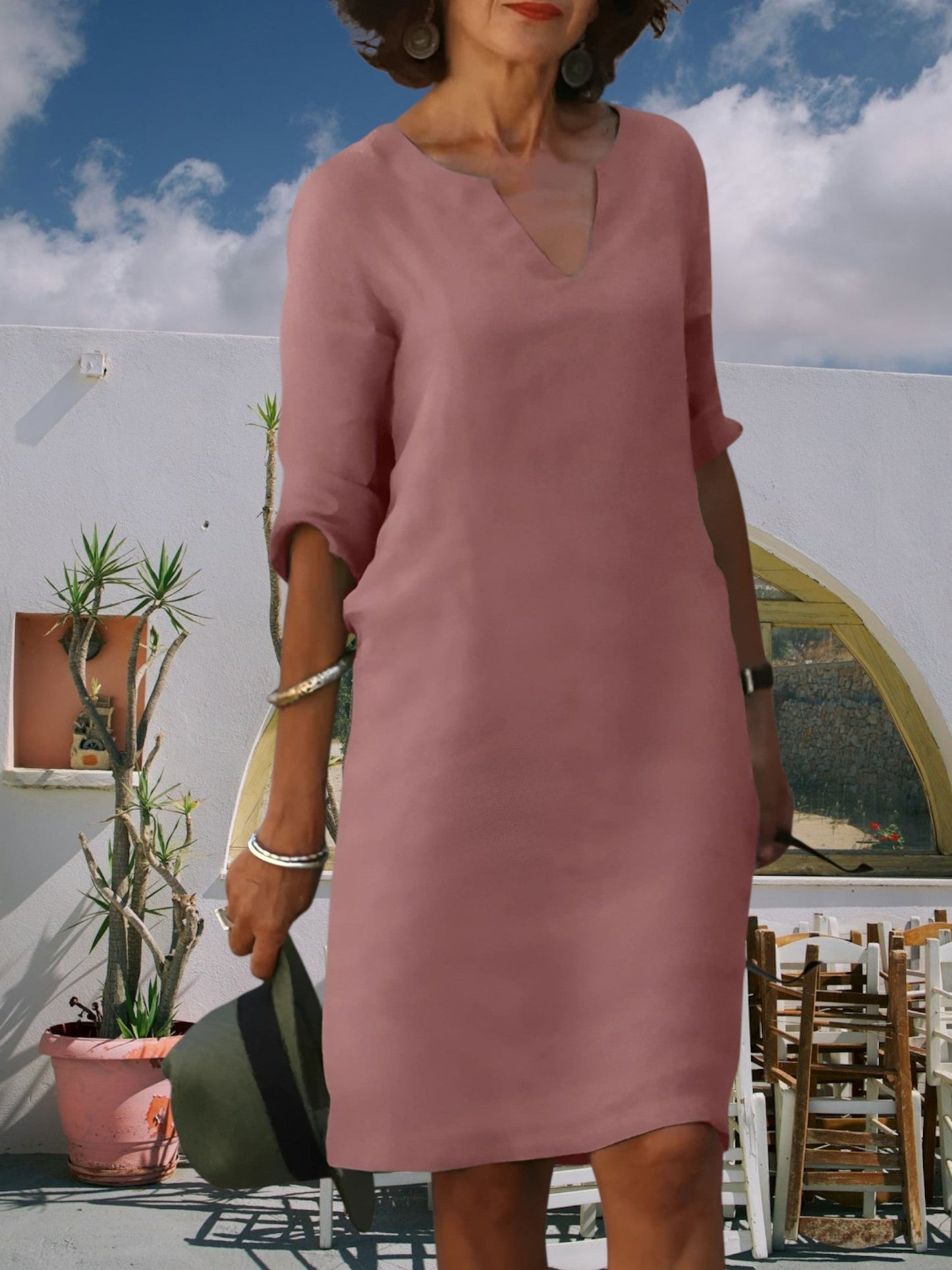 Knie-langen Mini-Kleid von Frauen mit V-Ausschnitt und 3/4-Ärmeln 4