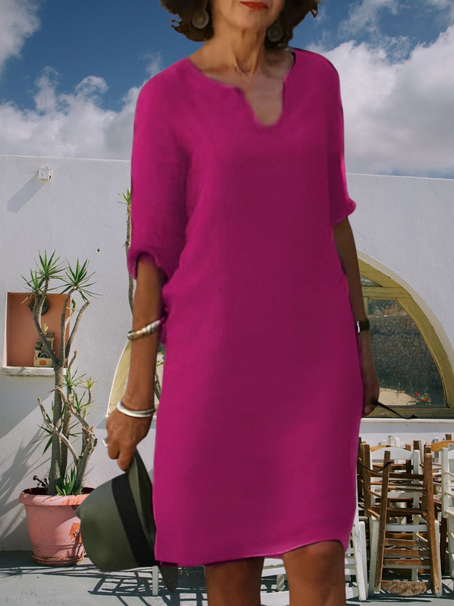 Knie-langen Mini-Kleid von Frauen mit V-Ausschnitt und 3/4-Ärmeln 5