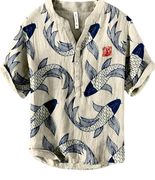 Koi Fisch Kunst Leinenhemd für Männer | Beige