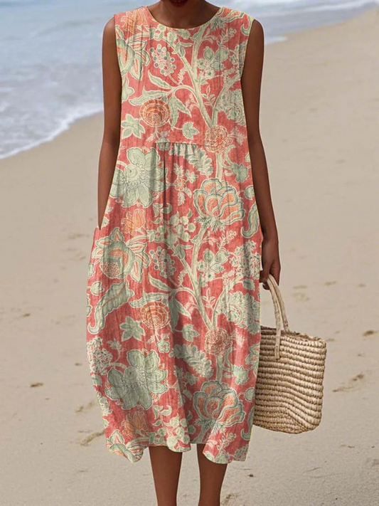 Strandkleid Damen | Botanischer Blumenprint & Ärmellos