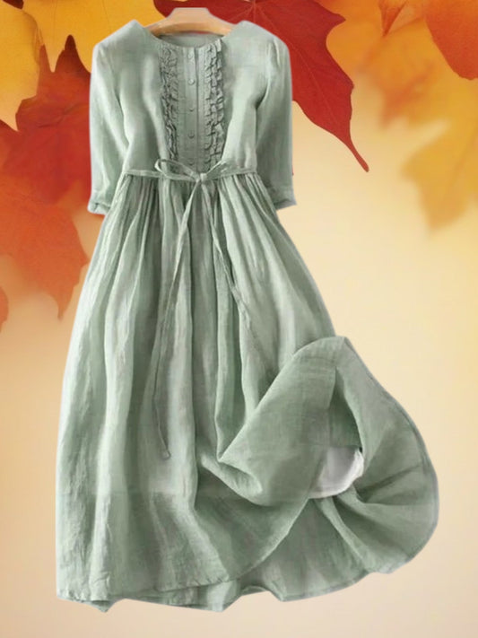 Langarm Sommer -Leinenkleid mit Knopf vorne und verstellbarer Kordelstring Taille