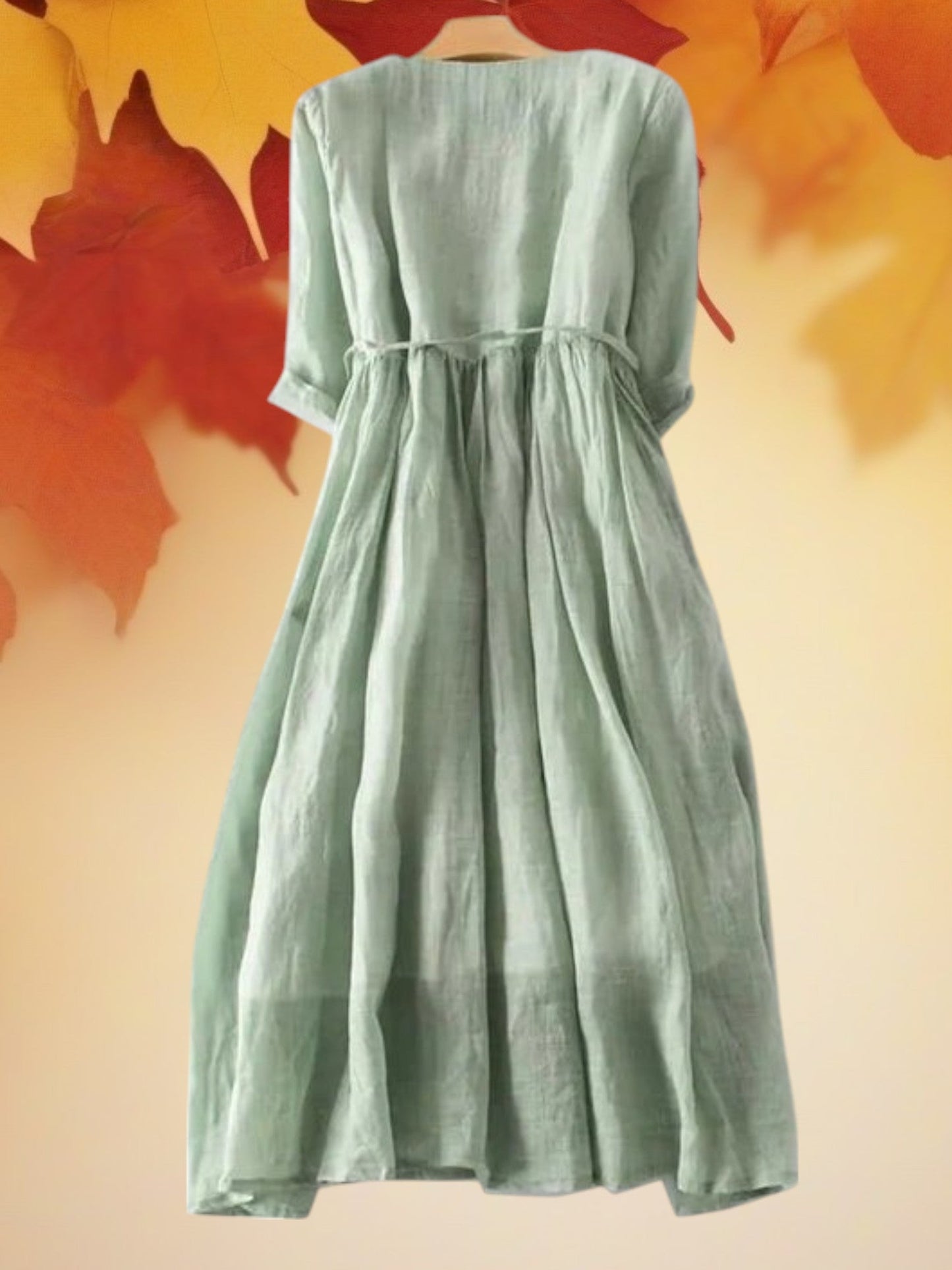Langarm Sommer -Leinenkleid mit Knopf vorne und verstellbarer Kordelstring Taille