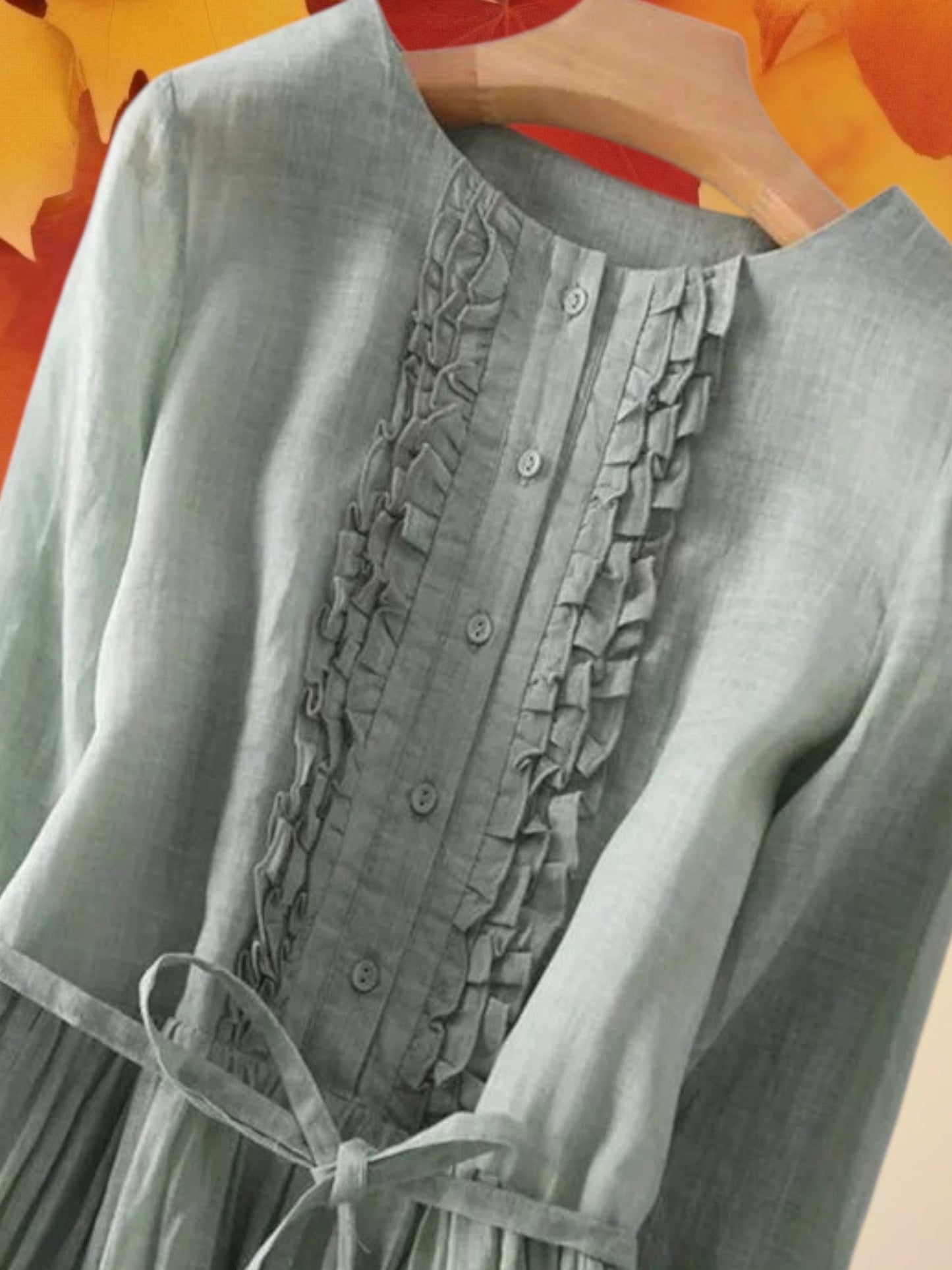 Langarm Sommer -Leinenkleid mit Knopf vorne und verstellbarer Kordelstring Taille