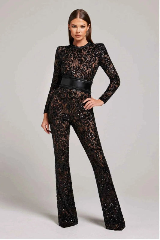 Jumpsuit Damen | Langärmliger Spitzen-Overall mit Pailletten & Ledergürtel
