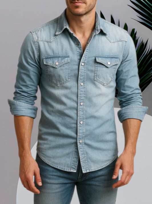 Langärmliges Jeanshemd für Herren mit Knopfverschluss und strapazierfähigem Stoff 0