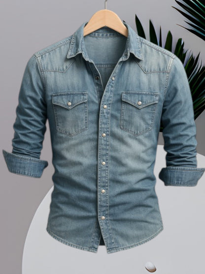 Langärmliges Jeanshemd für Herren mit Knopfverschluss und strapazierfähigem Stoff 1