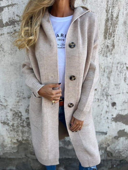 Langer Cardigan für Damen, gestrickt, mit Kapuze | Relaxed Fit 0