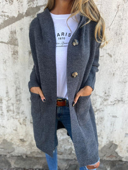 Langer Strickjacke für Damen, gestrickt, mit Kapuze | Relaxed Fit