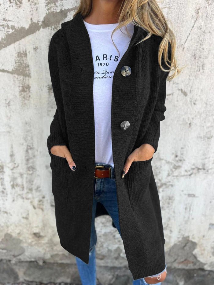 Langer Strickjacke für Damen, gestrickt, mit Kapuze | Relaxed Fit