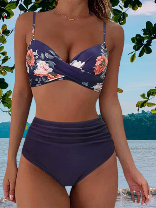 Larke | Hochtaillierter Damen Bikini aus Polyester und Spandex mit vollständiger Abdeckung | Marineblau