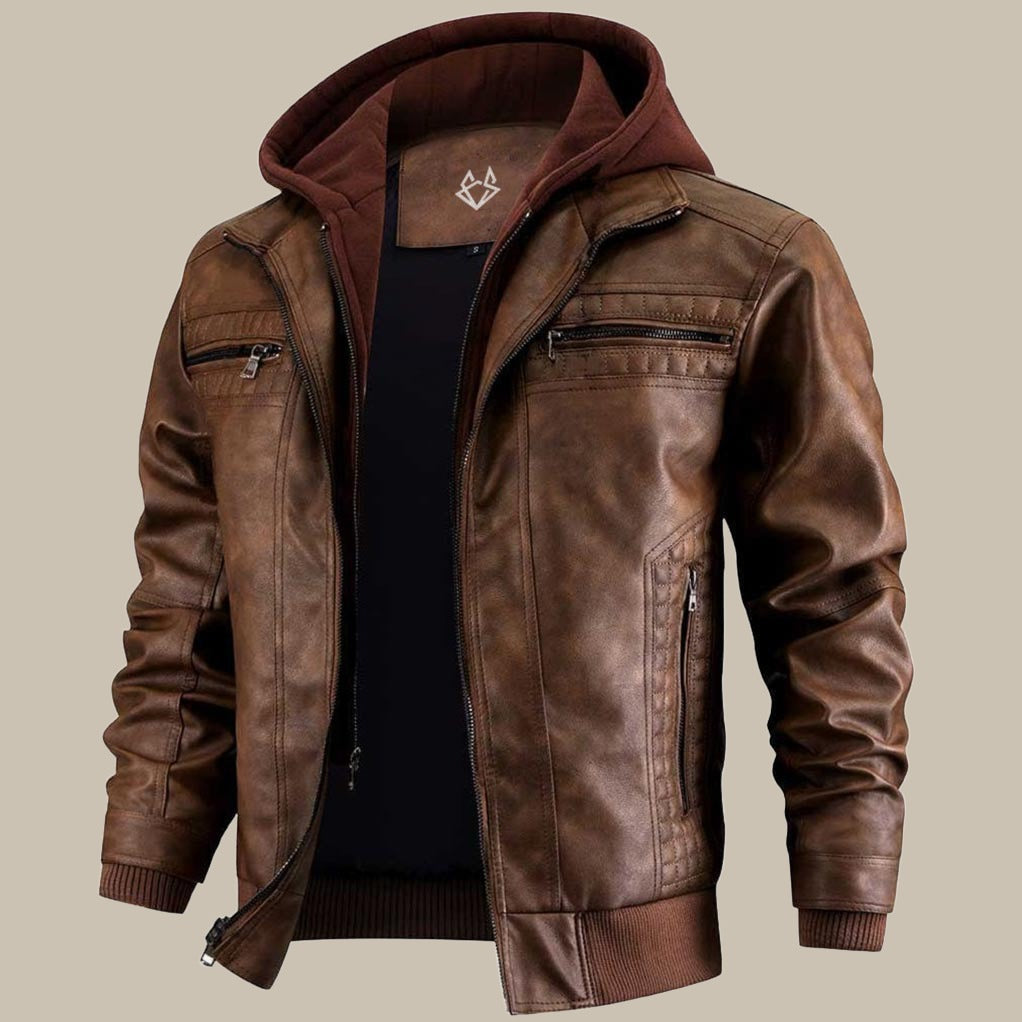 Lederjacke für Herren mit abnehmbarer Kapuze | Normale Passform