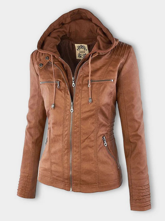 Lederjacke mit Kapuze für Damen | Geripptes Profil 0