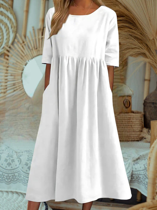 Leichtes Midi -Sommerkleid von Frauen mit Taschen und kurzer Ärmel 0